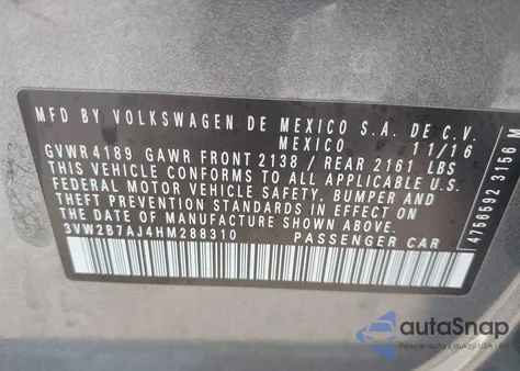 2017 Volkswagen Jetta 1.4T S z USA, uszkodzony, nr VIN 3VW2B7AJ4HM288310